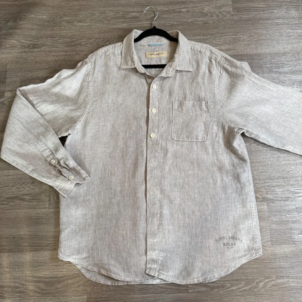 Tommy Bahama Relax Mens L Oatmeal 100% Linen Long Sleeve Button Down Shirt